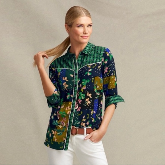 CAbi Style 5520 Bronco Patchwork Floral Long Sleeve Button Down Blouse Size M - Picture 1 of 9